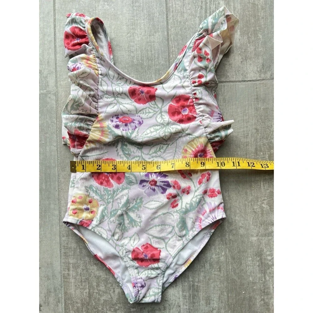 Girls One Piece Ruffle Floral Hawaiian Print Watercolor Cute Beach Swim S 5-6